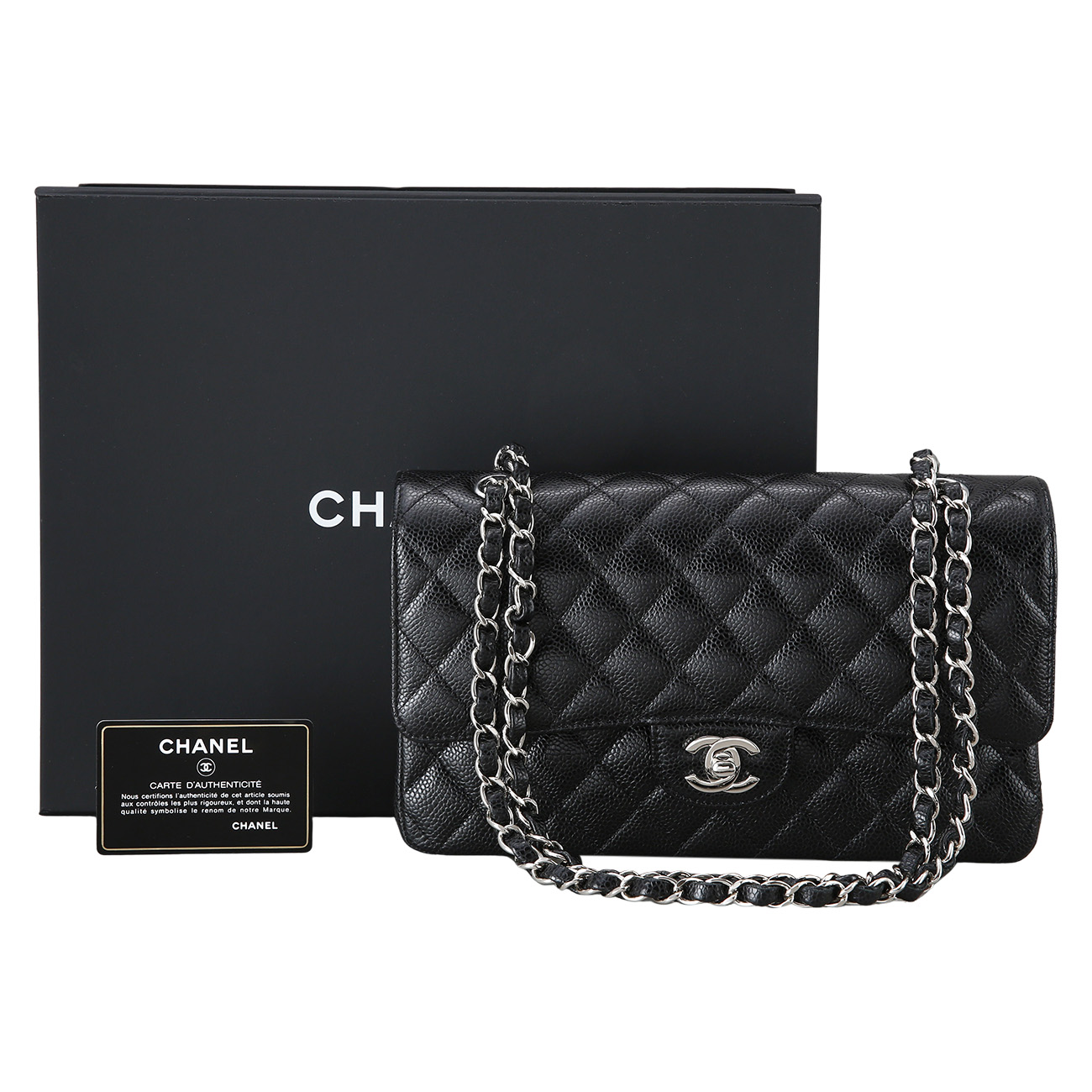 CHANEL(USED)샤넬 클래식 캐비어 미듐 블랙 은장