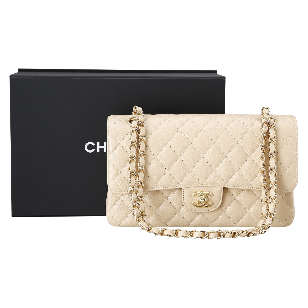 CHANEL(USED)샤넬 베이지 캐비어 클래식 미듐 플랩백