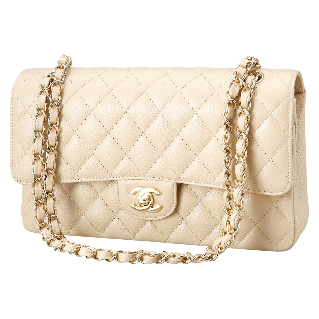 CHANEL(USED)샤넬 베이지 캐비어 클래식 미듐 플랩백